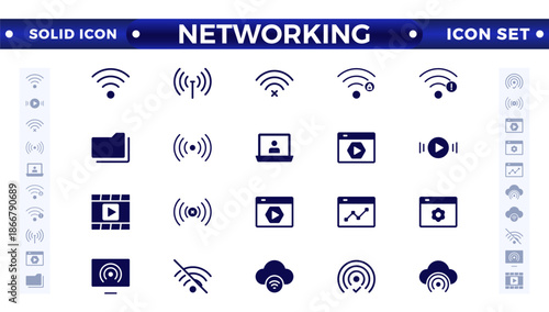 Networking solid icon set. Connections, relationships, online networking, community, events, and social network icons. computer, network, website, server, web design, hardware, software, and programmi