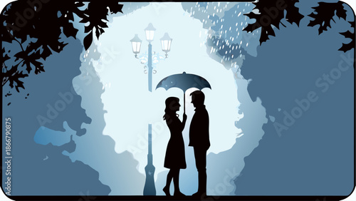 Romantic couple sharing a moment under an umbrella on a rainy night