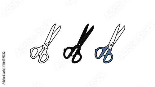 Three different styles of scissors are displayed on a white background.