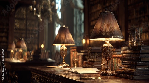 Elegant study room with vintage lamps and ancient books, showcasing a warm inviting atmosphere of a classical library with soft lighting and rich textures