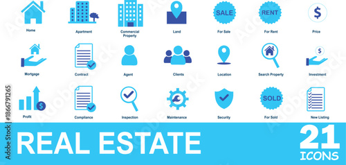 21 Real Estate Icon Set for Property Management, Mortgage, and Home Sales. Professional Vector Icons for Commercial Property, Rent, Contract, and Compliance.