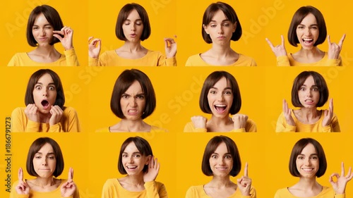 Wallpaper Mural A young woman showcases various emotions against a bright yellow background. Her facial expressions include joy, surprise, confusion, and more, highlighting her dynamic range. Torontodigital.ca