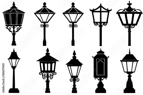 Street lantern bundle silhouette vector illustration isolated on white background