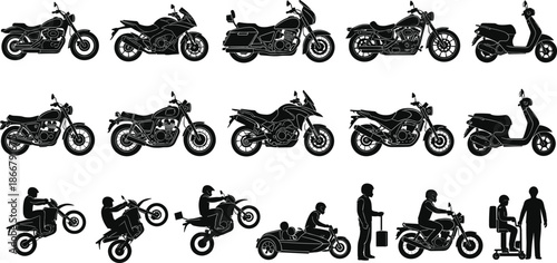 Comprehensive Collection of Detailed Motorcycle Silhouettes Featuring Cruisers Sport Bikes Scooters and Stunt Riders for Professional Automotive Graphic Design and Illustration