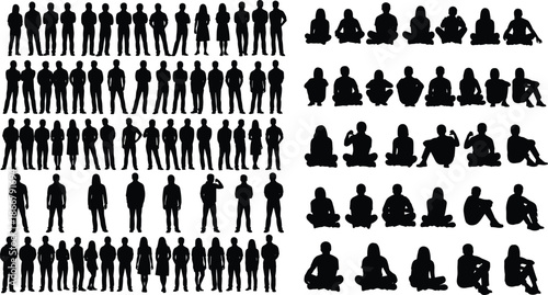 Diverse Collection of People Silhouettes in Groups and Rows Representing Social Crowds, Community Interaction, Human Figures, and Urban Lifestyle Outlines.