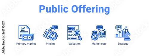 Public Offering web banner icon vector illustration concept for  with icon of Primary market, Pricing, Valuation.