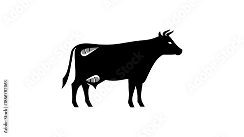 A black silhouette of a cow stands against a white background.
