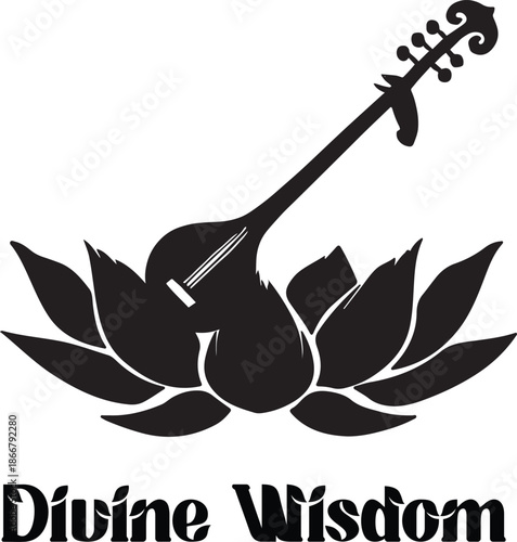 Divine wisdom text with veena instrument and lotus flower vector for educational and spiritual art
