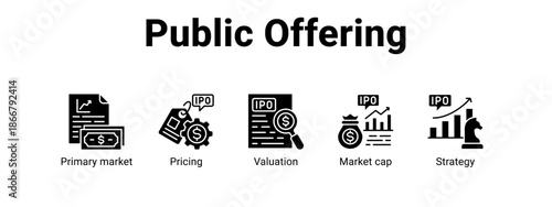 Public Offering web banner icon vector illustration concept for  with icon of Primary market, Pricing, Valuation.