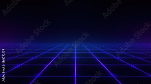A futuristic digital grid with neon blue lines on a dark background