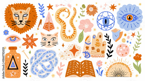 A vibrant collection of mystical and whimsical illustrated elements on white