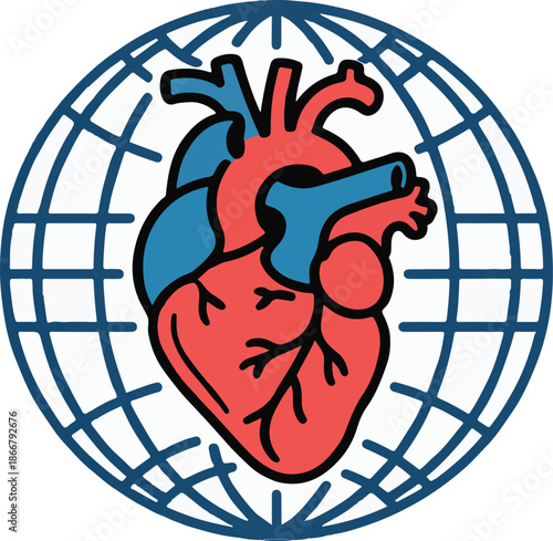 Global Heart Health Vector Graphic Illustration Featuring Anatomical Heart and Globe Symbolizing Cardiovascular Awareness