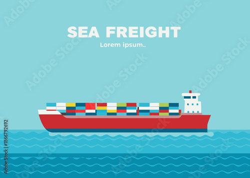Illustration of a red freighter ship transporting cargo across blue ocean waves