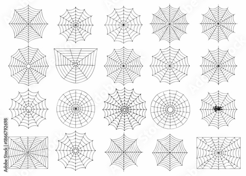 Collection of detailed spider webs and one spider illustration on white background