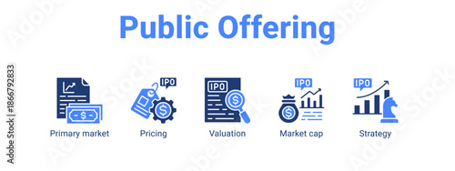 Public Offering web banner icon vector illustration concept for  with icon of Primary market, Pricing, Valuation.