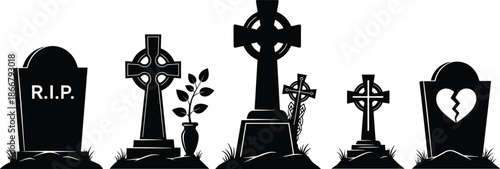 Set of black graveyard silhouette icons featuring various tombstones crosses and grave markers with rip and broken heart symbols for Halloween