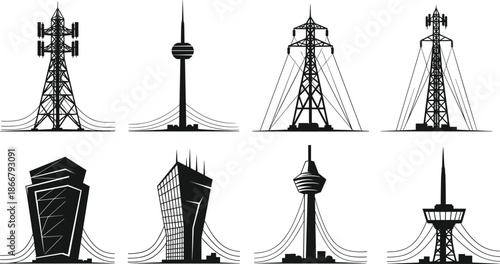 Collection of black silhouette icons featuring communication towers, radio masts, high voltage pylons, modern skyscrapers, and industrial utility infrastructure for urban design