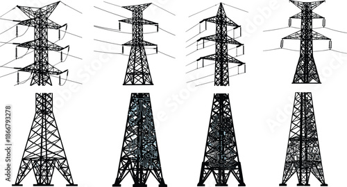 Collection of black vector silhouettes featuring high voltage electric transmission towers, power pylons, and energy infrastructure designs isolated on white background,