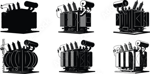 Collection of high voltage industrial electrical power transformer silhouettes and line art icons for energy infrastructure and engineering technical design