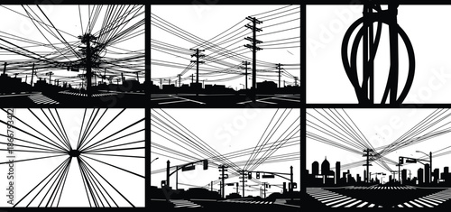 Collection of high voltage power line pylon silhouettes and urban electric wire cable icons for industrial energy infrastructure and engineering.