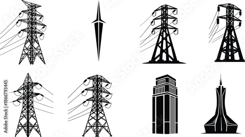 Collection of high voltage power line pylon silhouettes, industrial electrical transformers, and urban wire icons for energy infrastructure and engineering.