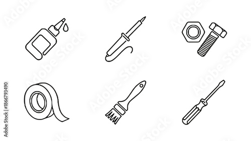 A collection of tools including glue, soldering iron, bolt, tape, brush, and screwdriver.