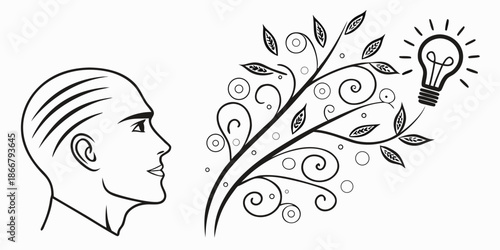 Creative thinking and imagination a man's head connected to a lightbulb idea through a decorative plant