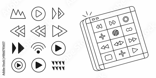 Collection of Multimedia and Playback Control Icons Buttons, Arrows, and Media Player Interface Elements