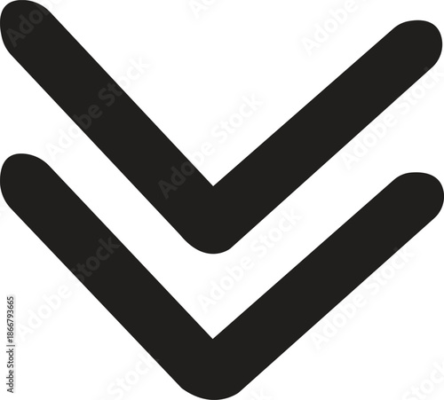 Two thick black downward pointing arrows stacked on a white background direction symbol