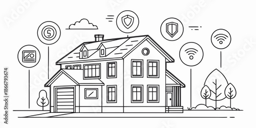 Modern smart home concept line art illustration, depicting technology integration. Includes security, financial management, cloud services, and wireless connectivity for automated living