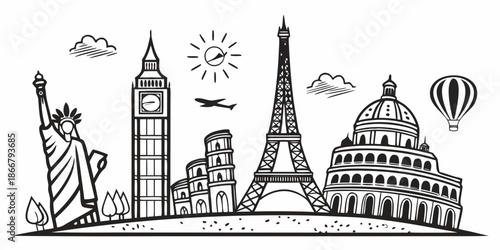 Journey around the world concept with famous international landmarks and iconic architectural marvels depicted in a captivating line art vector illustration