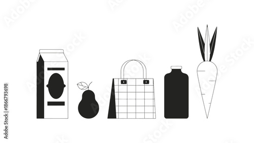 A carton of milk, a pear, a shopping bag, a bottle, and a carrot.
