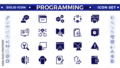 Programming solid icon set. Contains solid icons like Web Development, Code, Website, Cloud, App, Data, Software, Algorithm, Api, Build, Program. Big UI icon set in a flat design. 