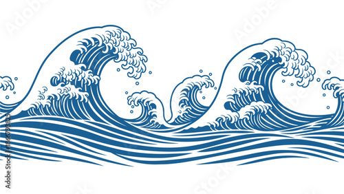 Decorative horizontal illustration of stylized Japanese Ukiyo-e ocean waves featuring dynamic blue crests and swirling white sea foam, designed for traditional Asian or nautical art