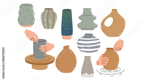 Hands shape clay on a pottery wheel surrounded by finished vases.