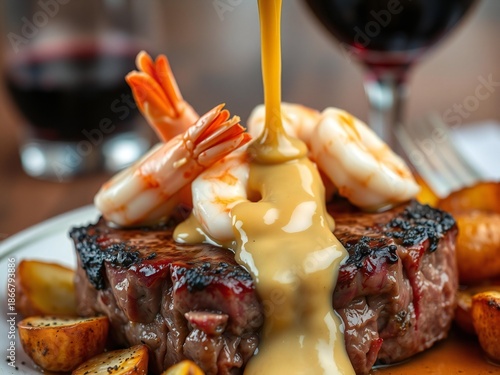 Gourmet steak and shrimp dish with sauce