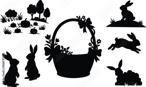 Easter bunny silhouette set with rabbits basket pumpkin garden spring holiday black clipart isolated white background illustration vector design collection