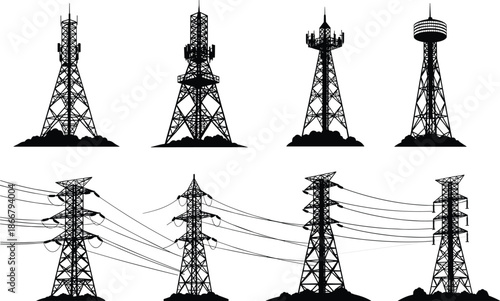 Communication towers, transmission pylons, silhouette design, black and white, antenna structure, power lines, infrastructure concept, electricity, telecom, engineering art
