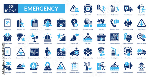 Emergency Fill Icon Set.  Alert, First Aid Kit, Evacuation Route, Fire , Medical Response,  Exit, Hazard Warning