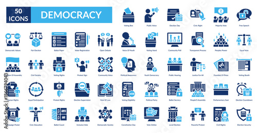 Democracy Fill Icon Set. Voting Box, Public Voice, Election Day, Civic Right, Majority Vote, Free Speech, Equal Vote