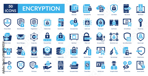 Encryption Fill Icon Set. Data Lock, Encrypted File, Secure Cloud, Lock Shield, Key Access, Two Factor, Private Key