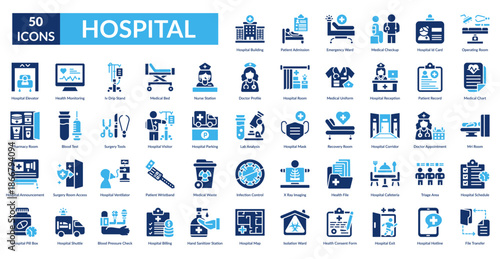 Hospital Fill Icon Set. Hospital Building, Patient Admission, Emergency Ward, Medical Checkup, Id Card, Operating Room, Medical Chart