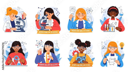 A colorful vector graphic illustration of women and girls in science, featuring cartoon-style icons of diverse females in lab coats and goggles, surrounded by scientific symbols and equations.