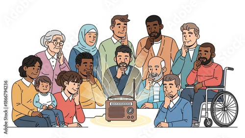 A diverse group of people gathered around a vintage radio listening intently in a thoughtful and contemplative atmosphere.