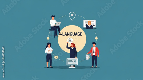 A vector graphic illustration of people communicating in different ways around a large circle with the word LANGUAGE in the center
