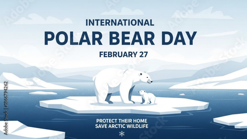 A vector graphic illustration of a polar bear and cub on an ice floe for International Polar Bear Day