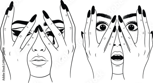 Black and white line art illustration of a woman covering her face with hands showing emotions of sadness and surprise