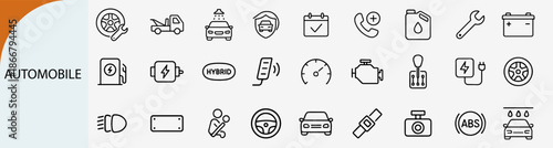 automobile and car service outline icons, vehicle maintenance vector set