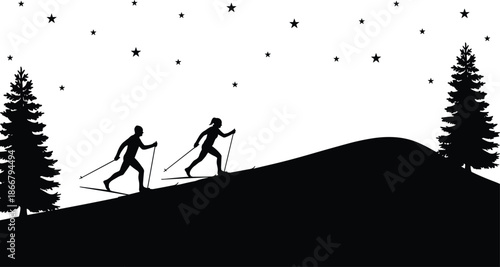 Cross country skiers hiking uphill silhouette under starry winter night forest landscape adventure sport black white minimalist illustration vector art