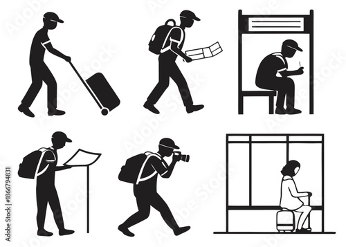 Silhouettes of travelers in various actions at airport or train station